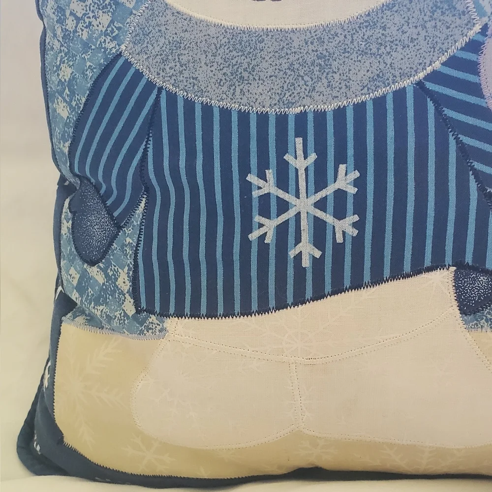 Snowman Vintage Holiday Pillow - Blue and Gray Snowflakes Cotton/Polyester